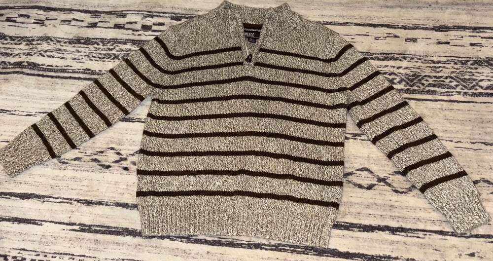 Commerce Boys Size 6 Brown and Grey Striped Quarter-Zip Knit Sweater